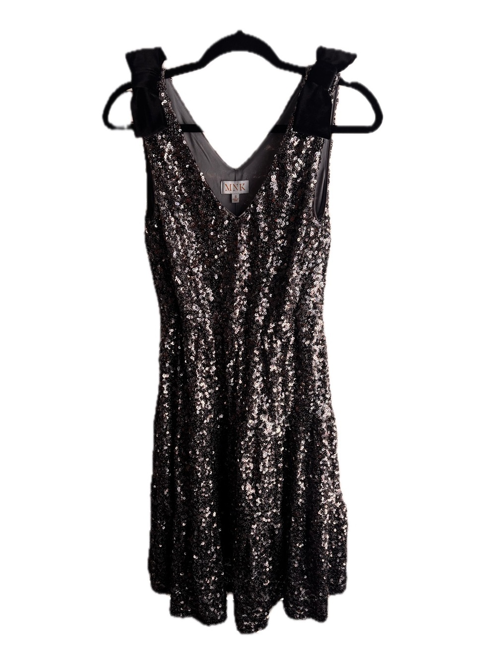 Charcoal Sequin V-Neck Midi Dress with Black Velvet Bow Shoulder Detail